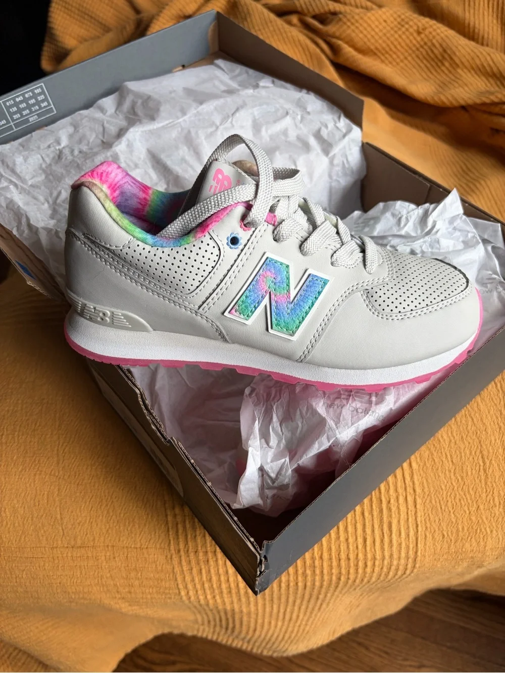 New Balance Kids White Sneakers with Pink Sole and Rainbow Lining 3 WIDE
